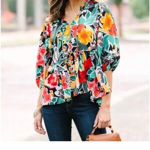 Vibrant Floral Boho Babydoll Peplum Top Split Neck Tie 3/4 Sleeve